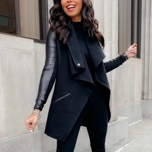 SPANX Faux Leather Sleeve Drape Front Jacket Black L Ponte Moto Blazer 50176R - Picture 6 of 16